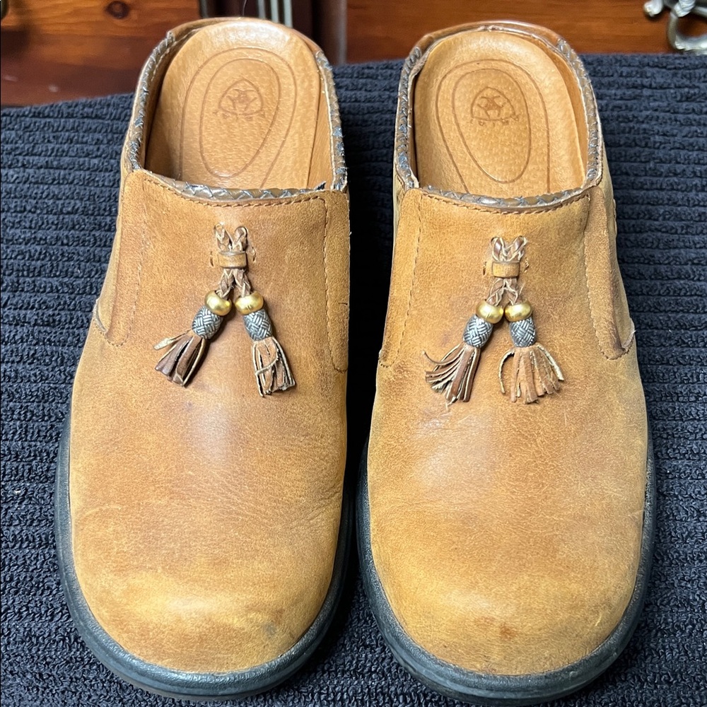Brown Leather Slip-On Clogs with Tassels